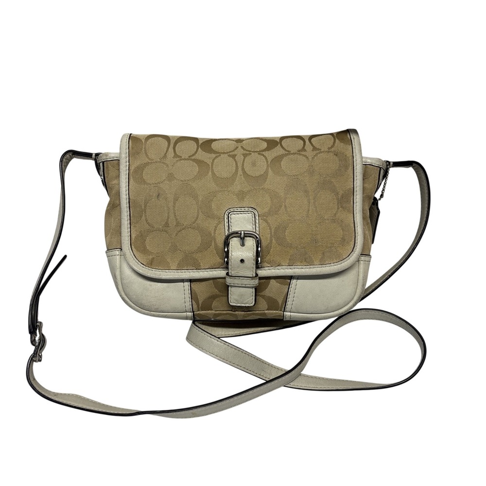 Coach Signature Canvas Crossbody Bag White Leather Trim Yellow Lining F30601